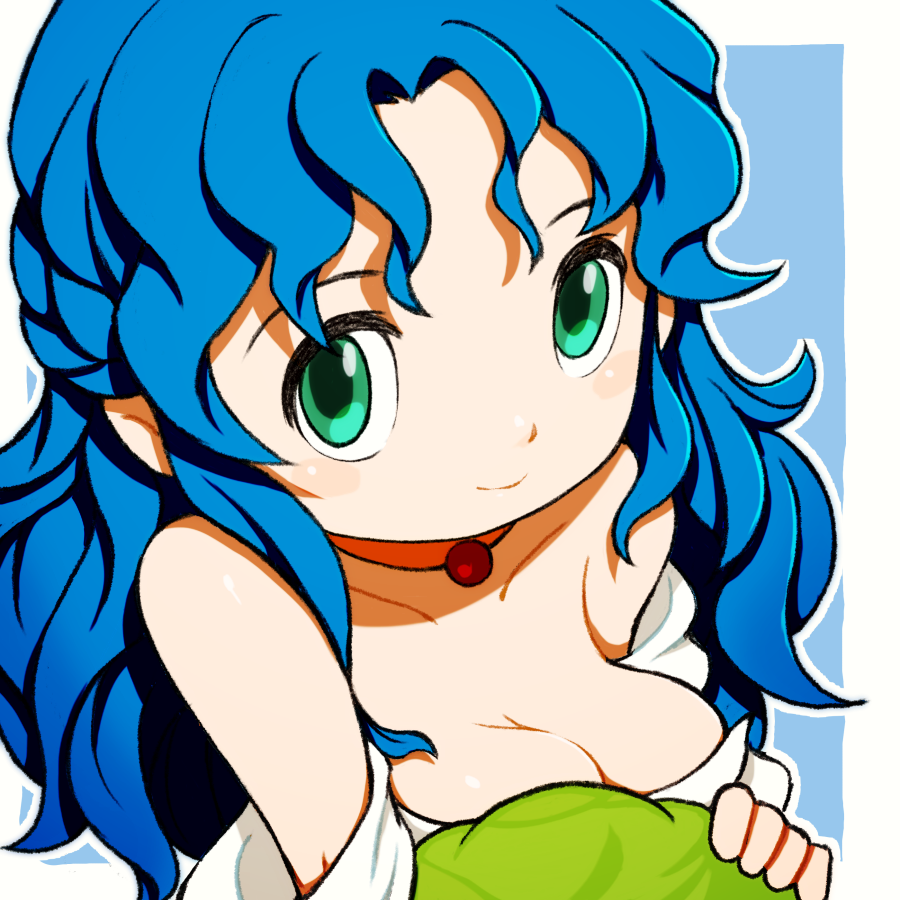 1girl aqua_eyes bare_shoulders beeru_(veil8801) blue_hair braid breasts cleavage closed_mouth collarbone half_up_braid krino_sandra long_hair madou_monogatari medium_breasts puyopuyo rulue_(puyopuyo) smile valkyrie_no_densetsu