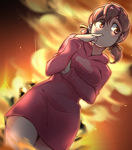 10s 1girl brown_hair dutch_angle explosion female_focus finger_to_mouth hair_ribbon hairband hand_to_own_mouth hood hooded_dress hooded_sweater looking_to_the_side osomatsu-kun osomatsu-san osomatsu_(series) rian_(bdl) ribbon short_twintails smile solo sweater twintails yowai_totoko