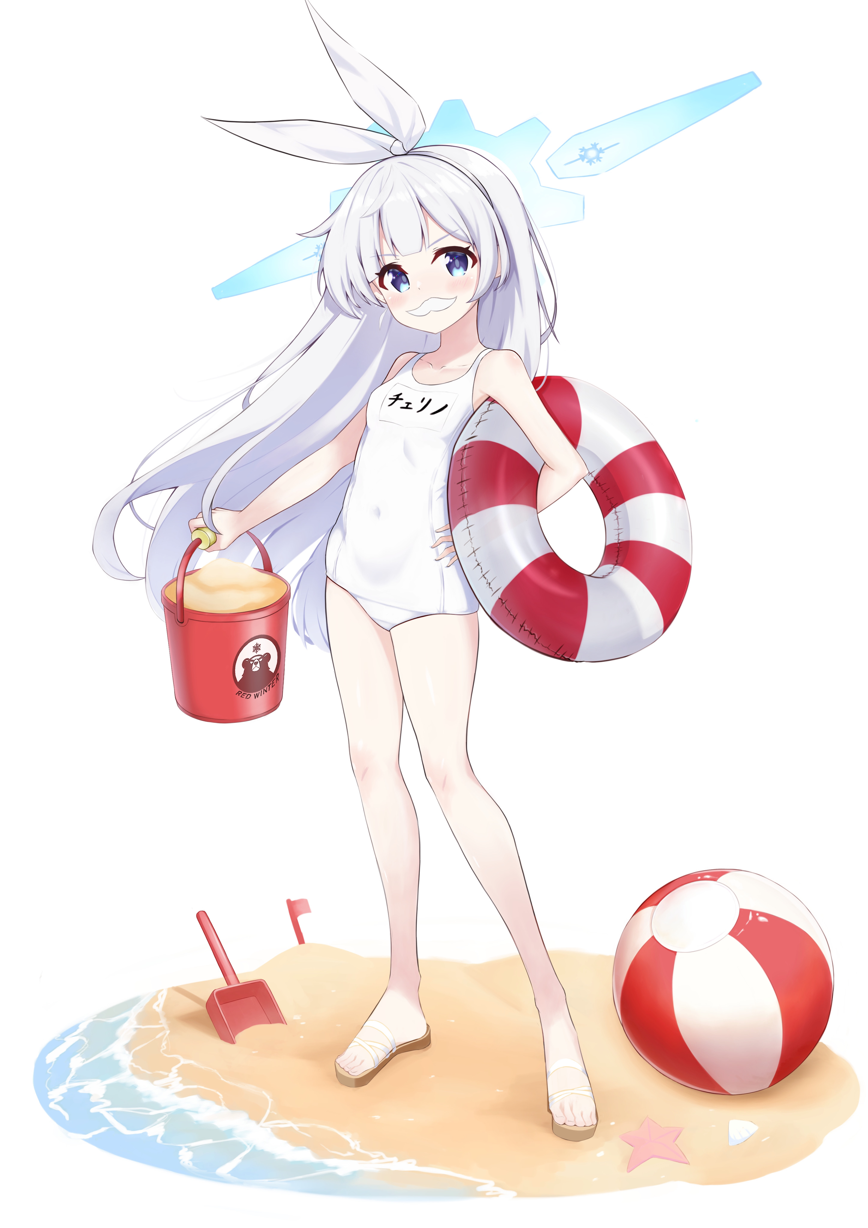 1girl absurdres ball barefoot beach beachball blue_archive blue_eyes blue_halo bomb_soldier bucket cherino_(blue_archive) cherino_(hot_spring)_(blue_archive) covered_navel fake_facial_hair fake_mustache feet full_body halo highres innertube legs long_hair name_tag old_school_swimsuit one-piece_swimsuit ribbon sand school_swimsuit solo standing swim_ring swimsuit thighs toes white_hair white_one-piece_swimsuit
