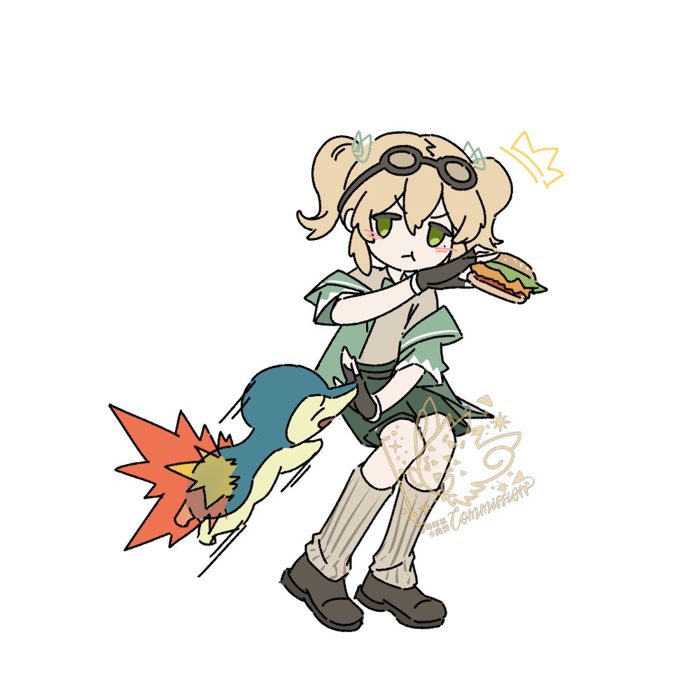 1girl blue_fur brown_gloves brown_shoes burger cyndaquil deformed fingerless_gloves fire food full_body gen_2_pokemon gloves goggles goggles_on_head green_eyes green_jacket green_ribbon green_shorts jacket leg_warmers looking_at_another nintendo pokemon pokemon_(creature) ribbon robinlovesop shirt shoes short_twintails shorts simple_background sitting twintails white_background yellow_fur yellow_leg_warmers yellow_shirt