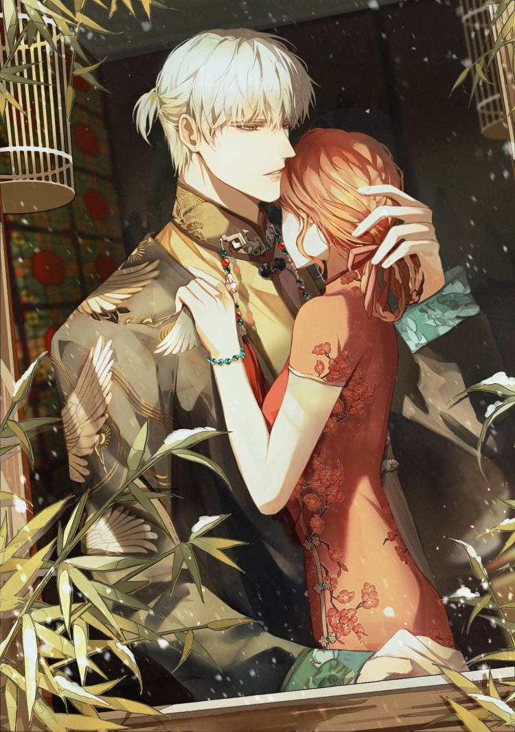1boy 1girl bamboo bead_bracelet beads birdcage black_jacket bracelet braid braided_hair_rings cage china_dress chinese_clothes chinese_commentary dress facing_away floral_print from_outside hair_between_eyes hair_rings half_updo hand_on_another&#039;s_chest hand_on_another&#039;s_head hand_up head_on_another&#039;s_shoulder height_difference hetero indoors jacket jewelry light_and_night_love long_sleeves looking_ahead neck_tassel open_clothes open_jacket open_window orange_dress orange_hair parted_lips protagonist_(light_and_night_love) qi_sili shirt short_hair short_sleeves sleeve_cuffs snow snowing tangzhuang tassel upper_body white_hair window wing_print yellow_eyes yellow_shirt youshangdexianyuwangzi