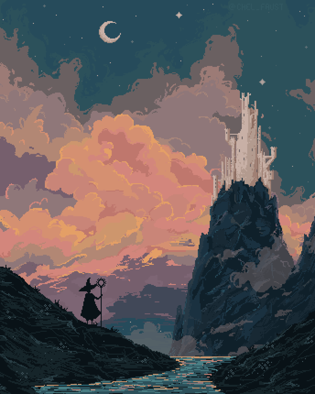 1girl building castle chel_faust cloak cloud cloudy_sky crescent_moon facing_away fantasy fog from_behind hat highres holding holding_staff long_sleeves mage_staff moon mountain mountainous_horizon night night_sky original outdoors rock scenery sky solo staff standing star_(sky) tower water wide_shot witch_hat