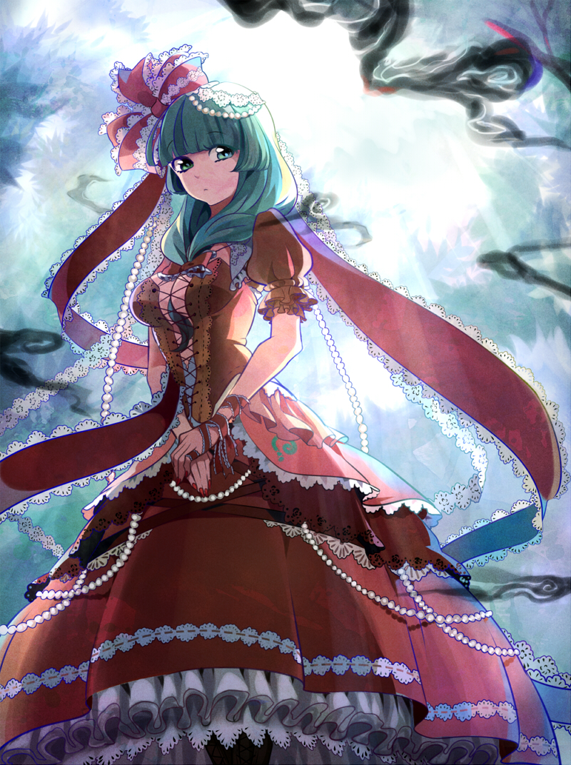 1girl adapted_costume arm_ribbon bad_id bad_pixiv_id between_breasts breasts cleavage corsair dress embellished_costume female_focus front_ponytail gem green_eyes green_hair hair_ribbon kagiyama_hina lace long_hair looking_at_viewer matching_hair/eyes nail_polish pearl_(gemstone) puffy_sleeves red_dress red_nails ribbon short_sleeves solo touhou v_arms wrist_ribbon yuura
