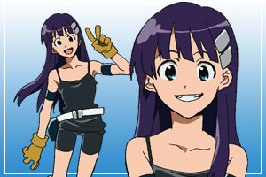 00s bike_shorts blue_eyes concept_art fang flat_chest gloves kiyal_bachika long_hair looking_at_viewer lowres official_art purple_hair smile tengen_toppa_gurren_lagann