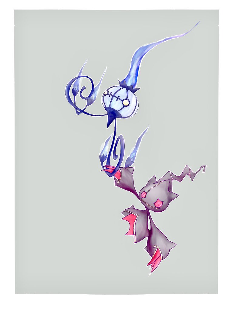 banette border chandelure claws fire fireblast gen_3_pokemon gen_5_pokemon grey_background grin holding_hands mega_banette mega_pokemon nintendo no_humans outside_border pokemon pokemon_(creature) purple_fire red_eyes simple_background smile teeth white_border yellow_eyes
