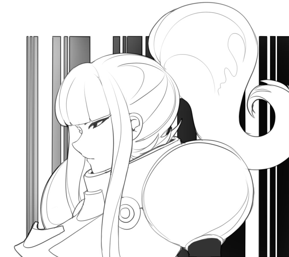 1boy armor chest_armor demi_(dizzyspells) dizzyspells eyelashes feminine long_hair looking_forward male_focus monochrome original ponytail shoulder_armor sidelocks squinting upper_body