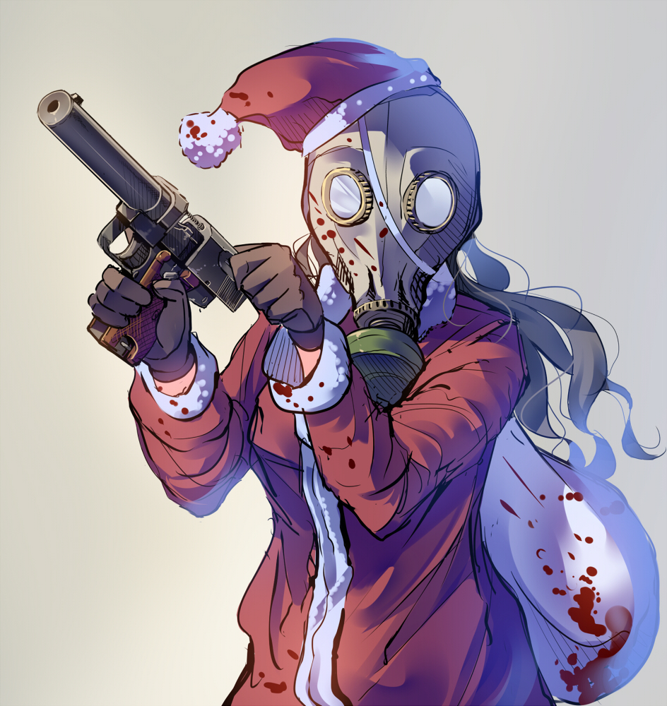 1girl black_gloves blood cocking_gun daito female_focus gas_mask gloves grey_background grey_hair hat integral_suppressor integrally-suppressed_firearm izhevsk_mechanical_plant jacket kalashnikov_concern long_hair long_sleeves mask original pb_pistol red_jacket sack santa_costume santa_hat simple_background solo suppressor trigger_discipline tsniitochmash