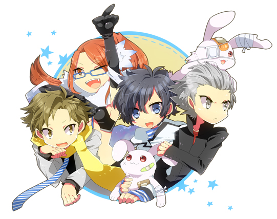 10s 1girl 3boys :&lt; :d ;d androgynous bandaid ben_airi black_hair blue-framed_eyewear blue_eyes breasts brown_eyes brown_hair devil_survivor_(series) devil_survivor_2 fangs fur glasses gloves grey_eyes grey_hair hand_on_another&#039;s_face head_rest jacket keita_wakui kujou_hinako kuze_hibiki long_hair looking_at_viewer looking_away matching_hair/eyes midriff multiple_boys necktie one_eye_closed open_mouth orange_eyes orange_hair pointing ponytail protagonist_(devil_survivor_2) red_eyes red_hair scarf school_uniform shijima_daichi shooting428star short_hair sideboob small_breasts smile wakui_keita wink yellow_scarf