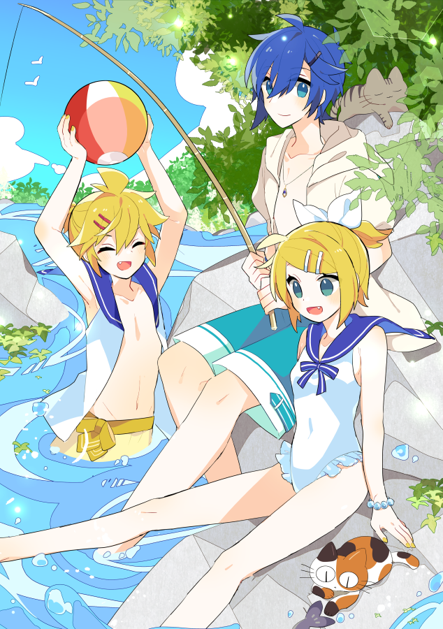1girl 2boys :d ^_^ ahoge aqua_eyes aqua_male_swimwear aqua_sky ball beachball blonde_hair blue_hair blue_sailor_collar blue_sky breasts cat closed_eyes covered_navel fang fishing fishing_rod foliage frilled_one-piece_swimsuit frills hair_ornament hairclip high_ponytail holding holding_ball holding_beachball holding_fishing_rod hood hoodie kagamine_len kagamine_rin kaito_(vocaloid) looking_at_viewer looking_down male_swimwear multiple_boys one-piece_swimsuit open_clothes open_hoodie open_mouth open_shirt partially_submerged ponytail river rock sailor_collar sailor_shirt shirt short_hair short_ponytail sideways_glance sitting skinny sky sleeping small_breasts smile soaking_feet swim_trunks swimsuit vocaloid white_one-piece_swimsuit yellow_male_swimwear yoshiki