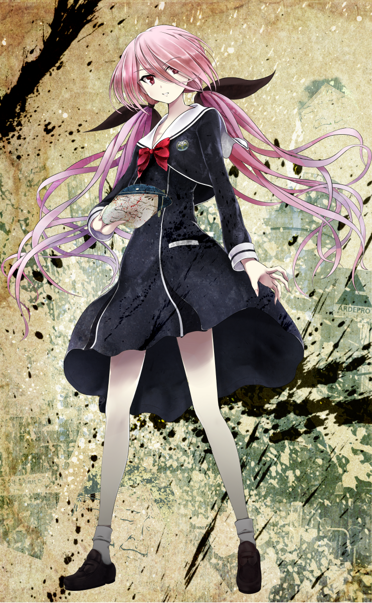 1girl black_shoes bow breasts chaos;child chest_bow clenched_teeth collarbone cry-planet dress dress_vest full_body hair_bow hair_over_one_eye hair_ribbon hekiho_academy hekiho_academy_school_uniform highres holding jacket loafers long_hair long_sleeves looking_to_the_side minamisawa_senri multiple_hair_bows parted_lips pink_hair red_eyes ribbon school_uniform serious shoes skirt small_breasts socks solo standing teeth twintails very_long_hair white_socks