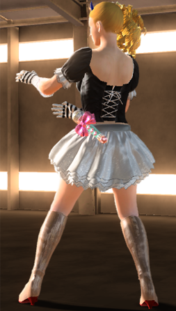 1girl black_top blonde_hair blue_horns boots curly_hair female_focus from_behind full_body horns indoors legs_apart lowres microphone side_ponytail skirt solo standing umenokouji_aoi virtua_fighter virtua_fighter_5 virtua_fighter_5:_final_showdown white_skirt