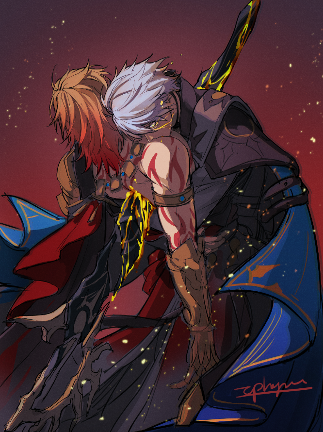 2boys antenna_hair arm_tattoo armlet armor artist_name back_tattoo black_choker black_shirt blonde_hair blood bloody_tears blue_cape blue_eyes braid cape choker clawed_gauntlets coat commentary_request gold_necklace gradient_hair hair_between_eyes honkai:_star_rail honkai_(series) jewelry male_focus medium_hair multicolored_hair multiple_boys mydei_(honkai:_star_rail) necklace pauldrons phainon_(honkai:_star_rail) red_cape red_hair red_tattoo shirt short_hair shoulder_armor side_braid side_cape signature single_pauldron stab tattoo tphageru white_coat white_hair yellow_blood