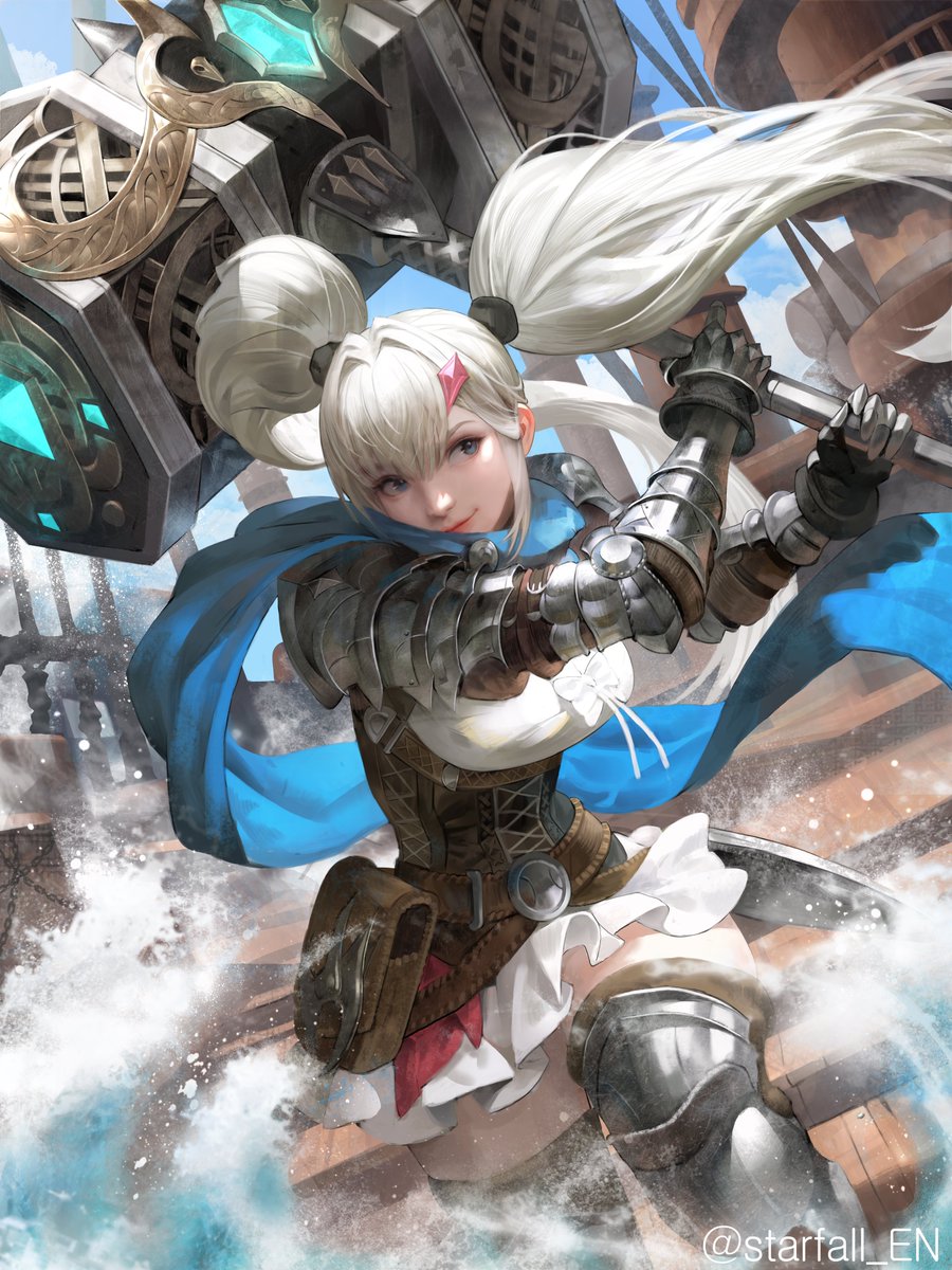1girl arm_armor armor armored_gloves arowana2111 belt blue_cloak blue_eyes bonbon_(freya:_the_starfall) breasts brown_belt cloak closed_mouth commentary cowboy_shot english_commentary freya:_the_starfall hair_between_eyes hair_ribbon hammer highres holding holding_hammer leg_armor looking_to_the_side medium_breasts multiple_belts outdoors ribbon shirt shoulder_armor sidelocks skirt smile solo thick_thighs thighhighs thighs twintails war_hammer water weapon white_hair white_shirt white_skirt zettai_ryouiki