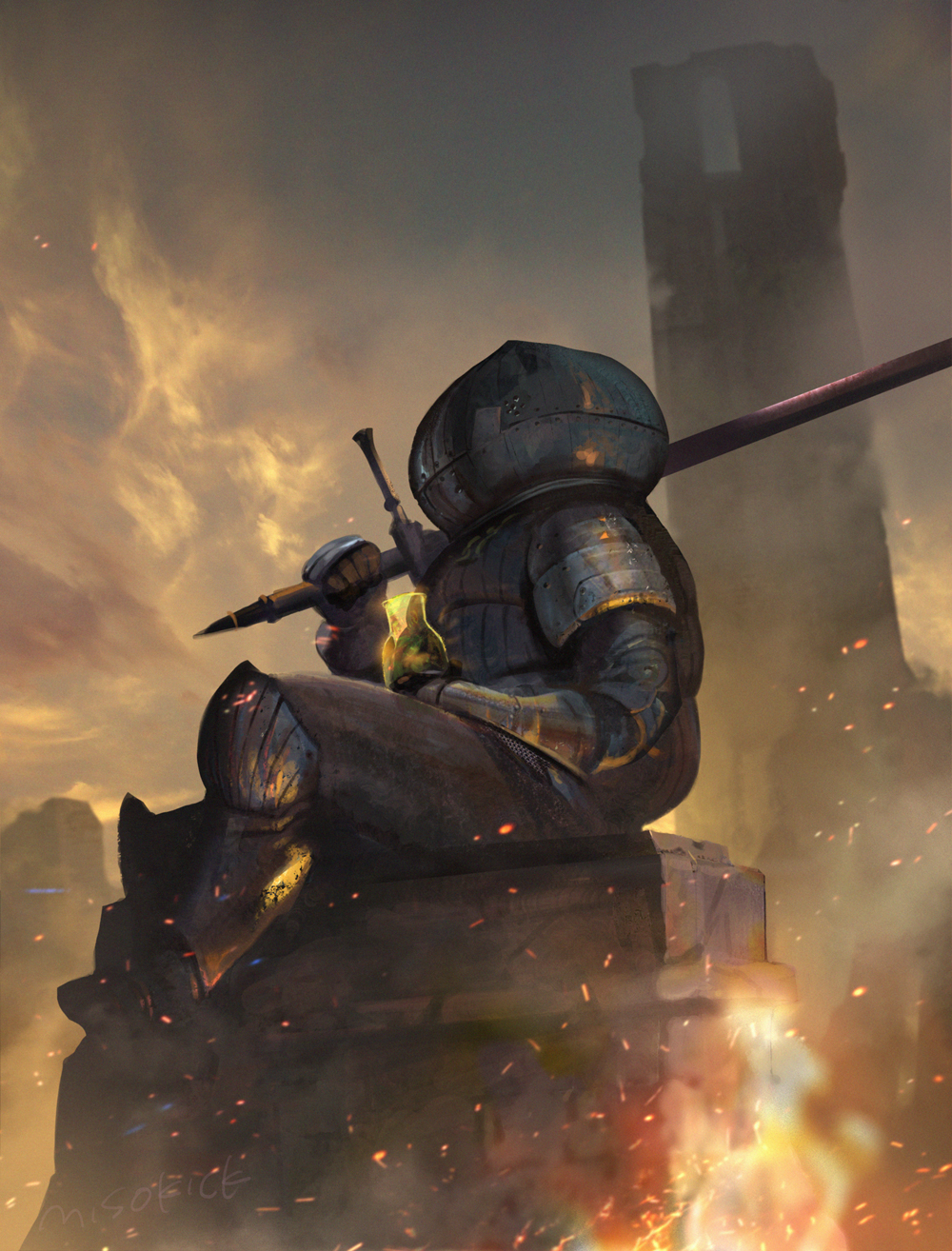 1boy armor dark_souls_(series) dark_souls_i day estus_flask fire from_side full_armor gauntlets helm helmet highres holding holding_weapon knight male_focus miso_katsu outdoors over_shoulder realistic shield siegmeyer_of_catarina sitting solo sword tower weapon weapon_over_shoulder zweihander