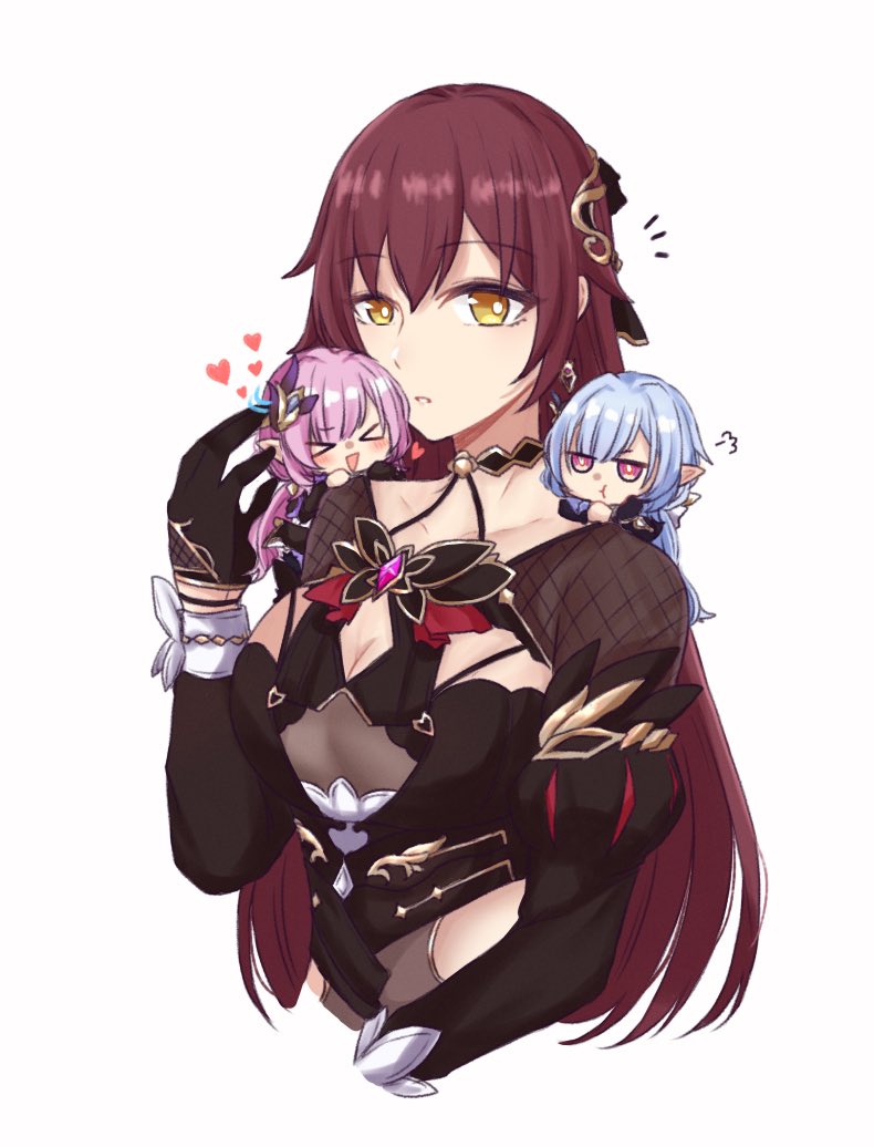 &gt;_&lt; 3girls black_dress black_gloves blue_hair breasts chibi_on_shoulder cleavage commentary cropped_torso dress earrings eden_(honkai_impact) elf elysia_(honkai_impact) elysia_(miss_pink_elf)_(honkai_impact) gloves hair_ornament heart herrscher_of_corruption honkai_(series) honkai_impact_3rd jewelry large_breasts multiple_girls pink_hair pointy_ears pout purple_eyes simple_background toufu_0626 white_background yellow_eyes