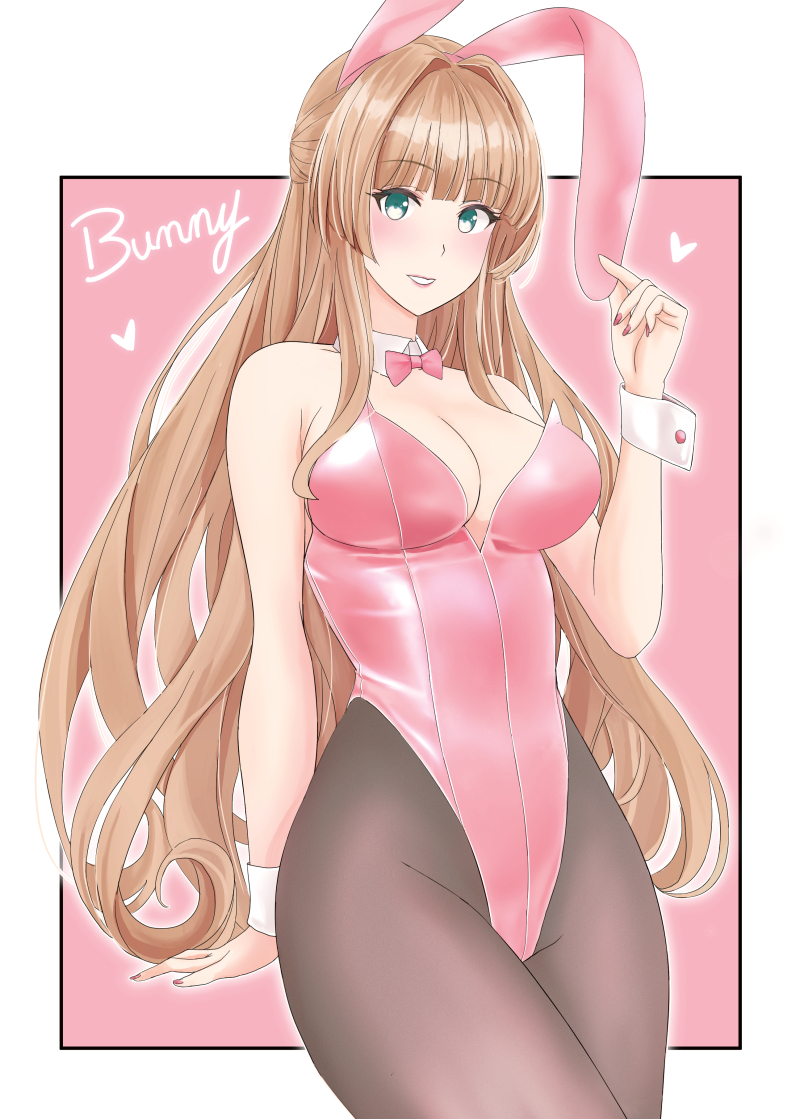 1girl alternate_costume animal_ear_hairband animal_ears black_pantyhose bow bowtie breasts brown_hair cleavage detached_collar fake_animal_ears green_eyes hairband helena_(kancolle) kantai_collection large_breasts leotard long_hair pantyhose pink_bow pink_bowtie pink_leotard playboy_bunny rabbit_ears solo strapless strapless_leotard takase_asagiri two-tone_background wrist_cuffs