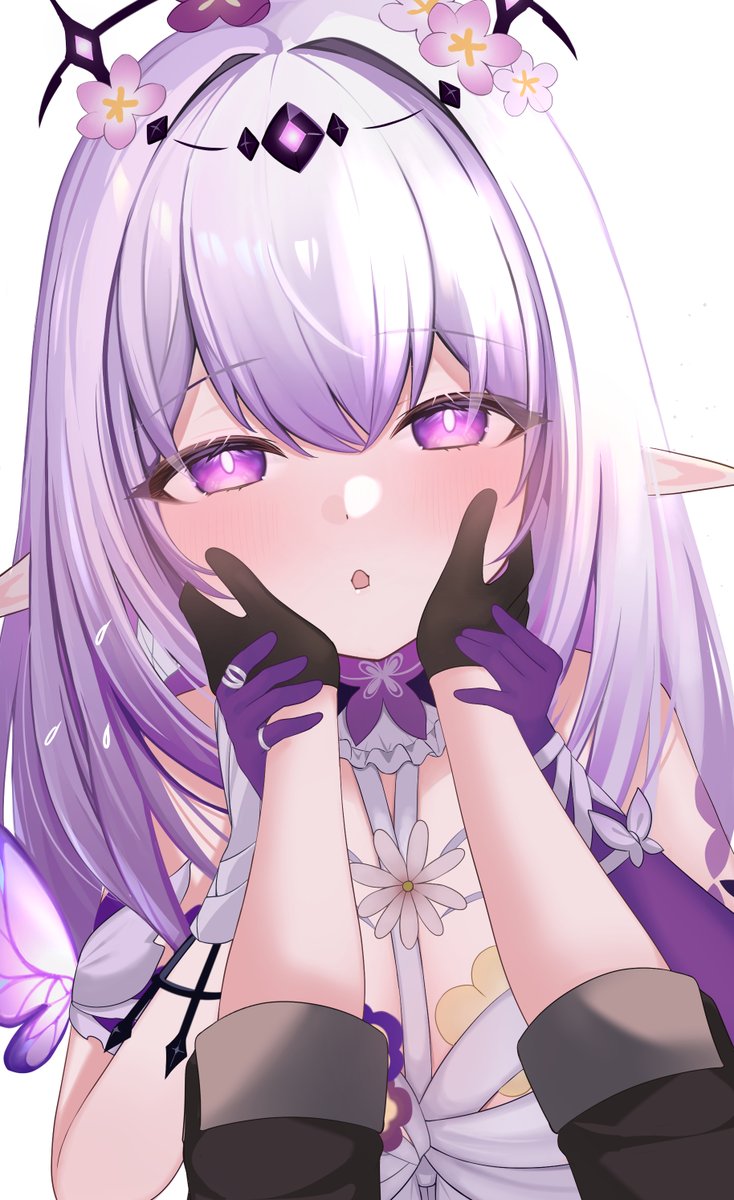 2girls :o asymmetrical_gloves bare_shoulders black_gloves blush castorice_(honkai:_star_rail) commentary_request flower gloves hair_between_eyes hand_on_another&#039;s_cheek hand_on_another&#039;s_face hand_on_another&#039;s_hand highres honkai:_star_rail honkai_(series) long_hair looking_at_viewer multiple_girls oguraponti out_of_frame port purple_eyes purple_flower purple_gloves purple_hair stelle_(honkai:_star_rail) trailblazer_(honkai:_star_rail) uneven_gloves very_long_hair white_background
