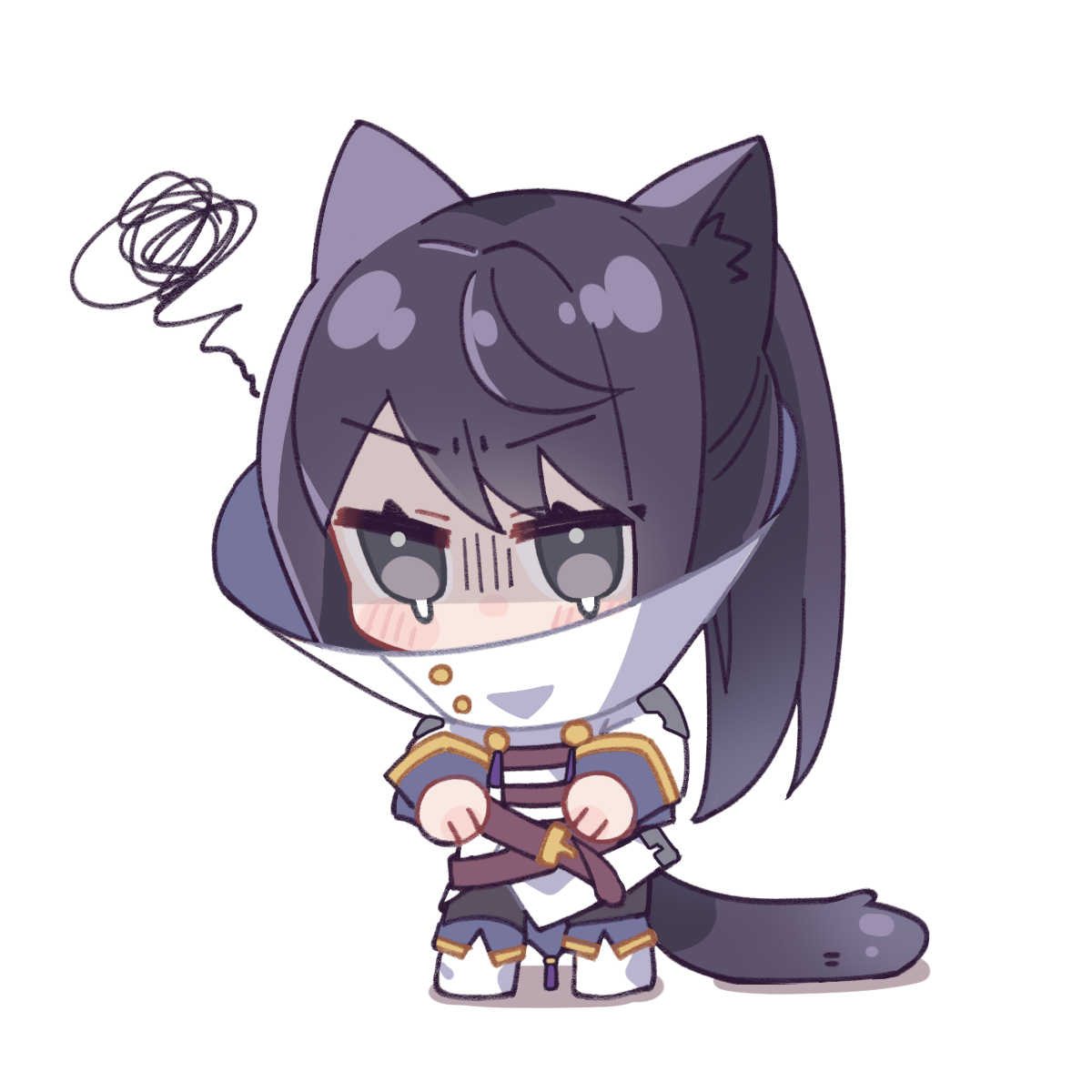 1boy animal_ears belt black_eyes black_hair black_pants blush_stickers cat_boy cat_ears cat_tail chibi chibi_only highres jacket kemonomimi_mode long_hair long_sleeves male_focus pants pet_cone ponytail red_belt riko_shinkai shoes simple_background sleeve_cuffs solo squiggle tail tales_of_(series) tales_of_vesperia teardrop v-shaped_eyebrows white_background white_jacket white_shoes yuri_lowell