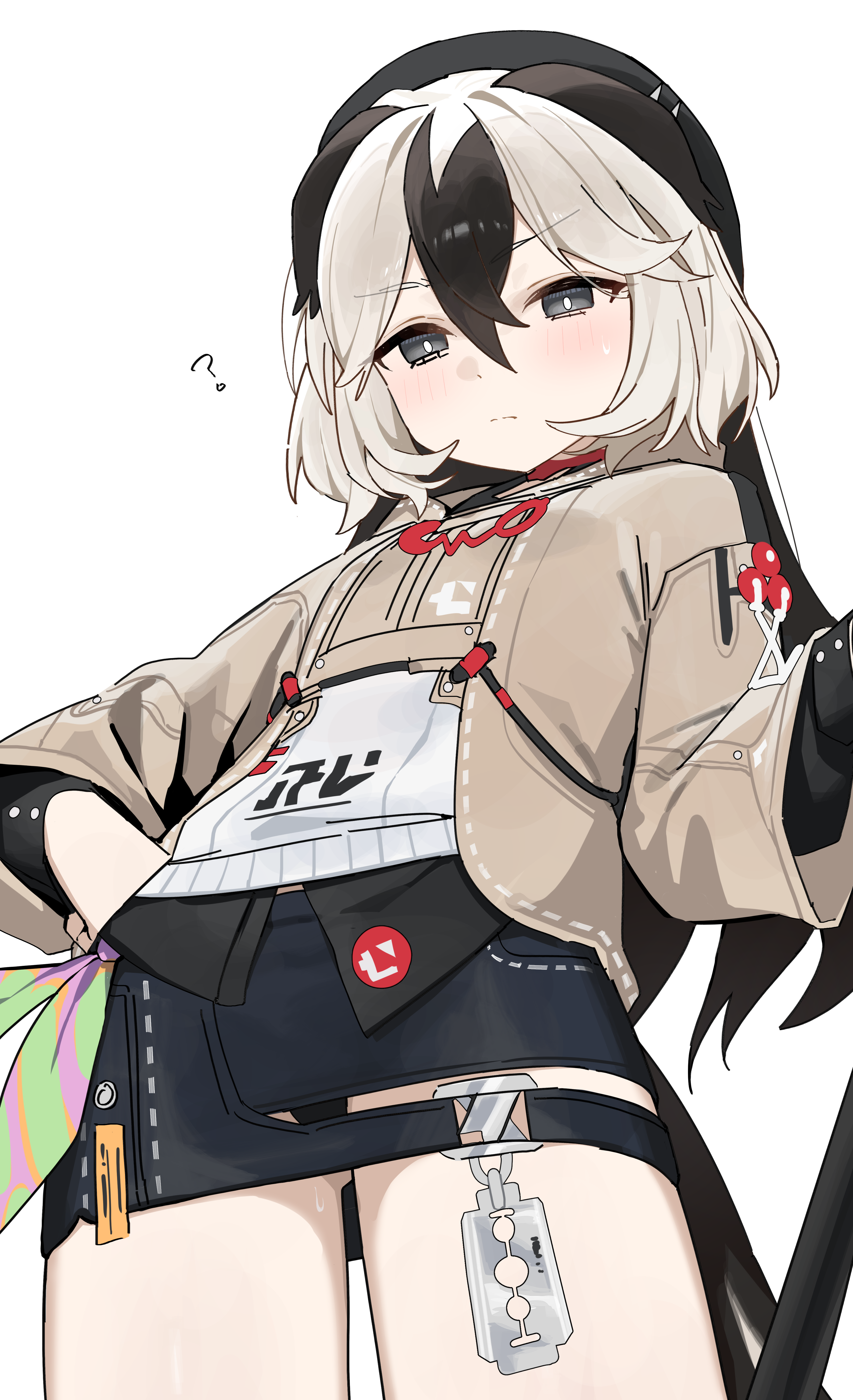 1girl ? absurdres beret black_eyes black_hair black_hat bright_pupils brown_jacket closed_mouth coralie_6626_planck coralie_6626_planck_(valkyrie_blastmetal) hair_between_eyes hat highres honkai_(series) honkai_impact_3rd jacket long_hair looking_at_viewer multicolored_hair razor safety_razor skirt solo syhan thighs two-tone_hair white_hair white_pupils