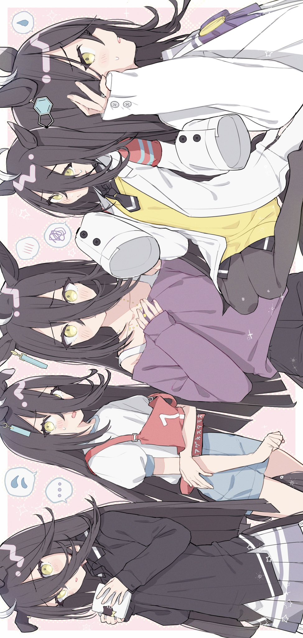 ... 1girl adjusting_hair ahoge animal_ears animal_print arm_across_waist black_hair black_necktie black_pants black_pantyhose black_shirt blue_shorts blush borrowed_accessory borrowed_clothes bow bowtie bra_strap cat_print chemical_structure coat collared_shirt cup ear_tag earrings ears_down embarrassed flat_chest flying_sweatdrops hair_between_eyes hair_over_one_eye hand_up highres holding holding_cup horse_ears horse_girl horse_tail jewelry lab_coat long_bangs long_hair long_hair_between_eyes long_sleeves looking_at_viewer manhattan_cafe_(umamusume) multicolored_hair multiple_girls multiple_views necklace necktie nochatea off-shoulder_shirt off_shoulder pants pantyhose pleated_skirt puffy_short_sleeves puffy_sleeves purple_bow purple_bowtie purple_shirt purple_trim race_bib sailor_collar school_uniform shirt short_necktie short_sleeves shorts sideways single_earring sitting skirt sleeves_past_fingers sleeves_past_wrists speech_bubble spoken_blush spoken_ellipsis spoken_flying_sweatdrops spoken_squiggle squiggle sweatdrop sweater tail tracen_school_uniform umamusume very_long_hair wariza white_coat white_hair white_sailor_collar white_shirt white_skirt yellow_eyes yellow_sweater