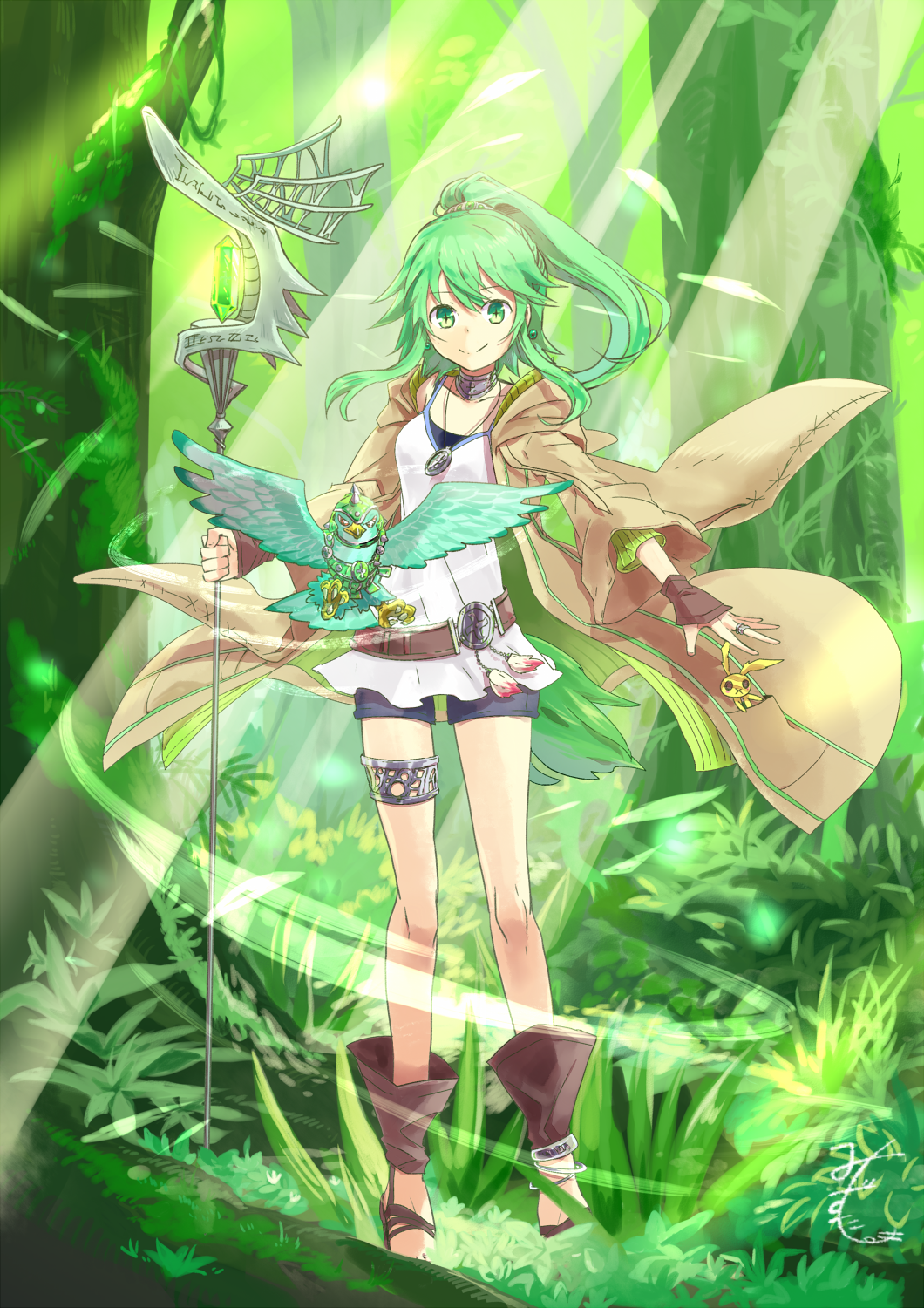 1girl bird black_shorts brown_coat choker coat collarbone day female_focus floating_hair forest full_body green_eyes green_hair hair_between_eyes hair_ornament high_ponytail highres holding holding_staff jewelry long_hair looking_at_viewer mizutama_(mizutamalion) nature necklace open_clothes open_coat outdoors ponytail ring shirt short_shorts shorts sleeveless sleeveless_shirt smile solo staff standing thighlet tree white_shirt winda_(yu-gi-oh!) winda_priestess_of_gusto yu-gi-oh!