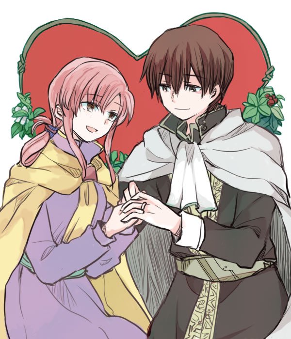 1boy 1girl braiding_hair cape ethlyn_(fire_emblem) european_clothes fire_emblem fire_emblem:_genealogy_of_the_holy_war gloves hairdressing holding_hands heart hetero jewelry kitano_373 nintendo pink_hair purple_hair quan_(fire_emblem) ring short_hair