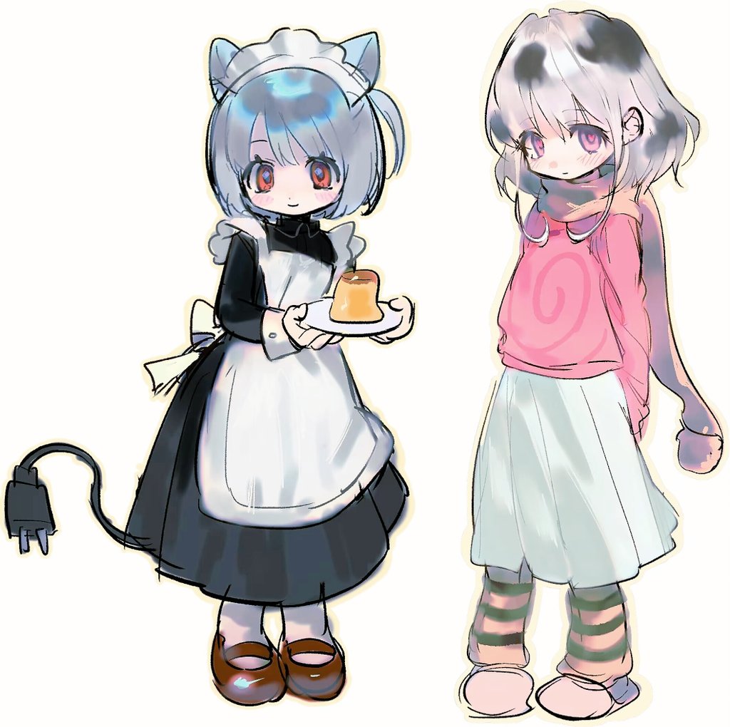 2girls animal_ears apron arms_behind_back bad_id bad_twitter_id black_dress black_hair blue_hair brown_shoes cable cable_tail cat_ears closed_mouth commentary dot_nose dress food full_body green_leg_warmers grey_skirt heart heart-shaped_pupils holding holding_plate inactive_account leg_warmers long_dress long_skirt long_sleeves looking_at_viewer maid maid_headdress mary_janes mechanical_tail medium_hair model_n3k-0 multiple_girls nini_(yume_tsushin) one_side_up pigeon-toed pink_eyes pink_pupils pink_shirt plate print_shirt pudding red_eyes scarf shirt shoes simple_background sketch skirt slippers smile spiral_print standing striped_leg_warmers symbol-only_commentary symbol-shaped_pupils tail white_apron white_background white_hair xgshjsgha yume_tsushin