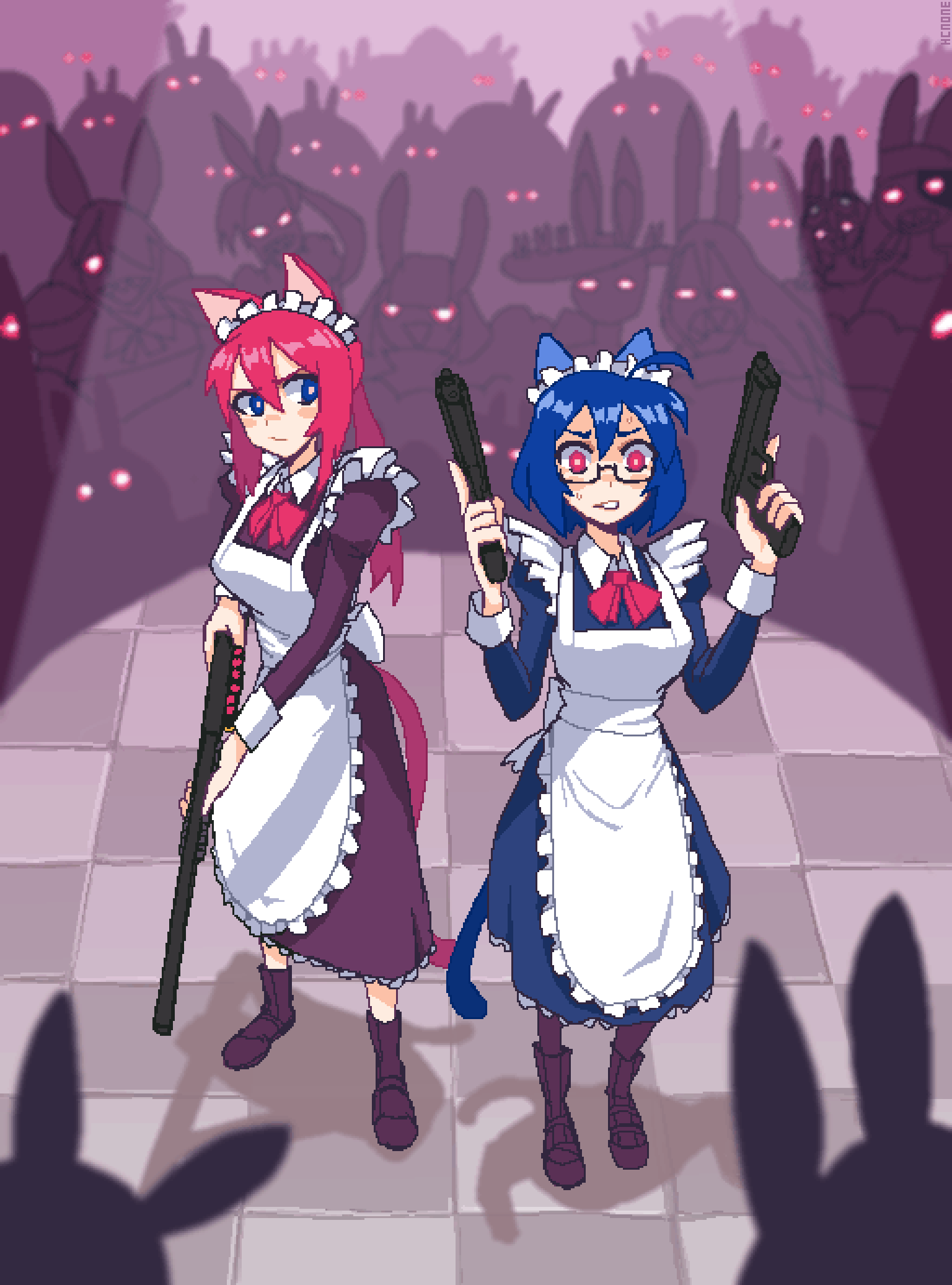 2girls 6+others ahoge alternate_costume animal_ears apron black-framed_eyewear black_footwear black_pantyhose blue_eyes blue_hair blush boots breasts cat_ears cat_girl cat_tail closed_mouth dual_wielding enmaided glasses gun hana_(hcnone) handgun hcnone highres holding holding_gun holding_weapon kemonomimi_mode large_breasts long_hair long_sleeves maid maid_apron maid_headdress multiple_girls multiple_others original pantyhose parted_lips pink_eyes pink_hair pixel_art ponytail rectangular_eyewear semi-rimless_eyewear short_hair shotgun skye_(hcnone) tail under-rim_eyewear weapon