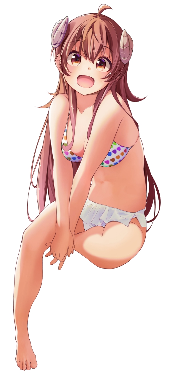 1girl :d ahoge bare_arms bare_shoulders barefoot bikini blush breasts brown_eyes brown_hair chuutaro_metal cleavage collarbone commentary curled_horns demon_girl demon_horns frilled_bikini frills full_body hair_between_eyes happy heart heart_print highres horns large_breasts leaning_forward long_hair looking_at_viewer machikado_mazoku open_mouth print_bikini sidelocks simple_background sitting smile solo swimsuit tareme toes v_arms very_long_hair white_background white_bikini yoshida_yuuko_(machikado_mazoku)