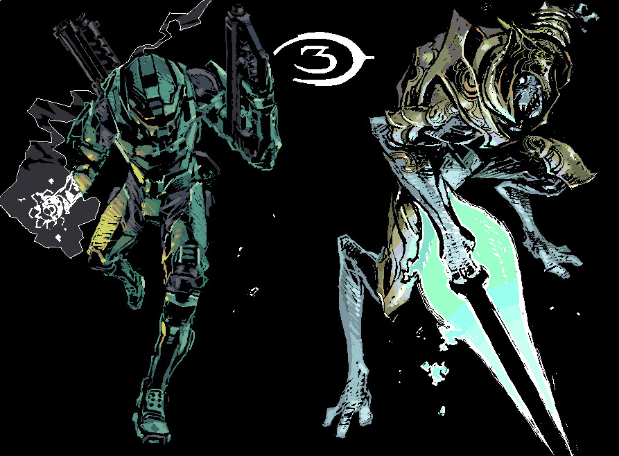 alien arbiter armor energy_sword explosive gun halo_(game) halo_(series) halo_3 helmet male_focus master_chief miwa_shirow science_fiction shotgun sword weapon
