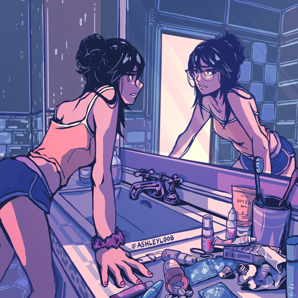 1girl artist_name ashleyloob bathroom blue_shorts box camisole cel_shading condom cup dolphin_shorts faucet glasses hair_bun indoors leaning_forward looking_at_mirror messy_hair mirror original pill pill_bottle pregnancy_test reflection scrunchie shirt shorts single_hair_bun sink slice_of_life soap_bottle solo strap_slip tank_top tile_wall tiles toothbrush twitter_username yellow_shirt