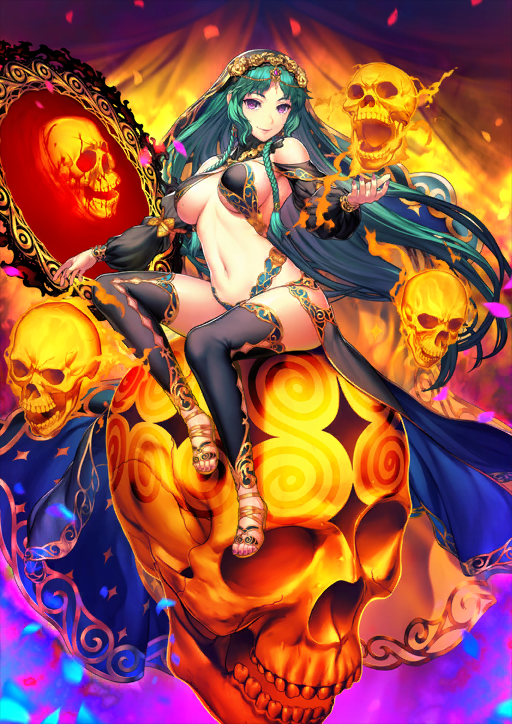 1girl ambiguous_red_liquid bare_shoulders black_bra black_collar black_leggings black_skirt black_sleeves black_veil bra braid breasts breasts_apart closed_mouth collar detached_leggings detached_sleeves fate/grand_order fate_(series) fingernails fire full_body game_cg gold_sandals green_hair halterneck hand_up jewelry knee_up leggings lips long_hair long_sleeves long_veil looking_at_viewer medium_breasts mirror navel official_art outstretched_arm puffy_sleeves purple_eyes purple_nails red_petals salome_(fate) sandals showgirl_skirt sideboob simosi sitting skirt skull smile solo stomach third-party_source toenails turtleneck underwear variant_set veil very_long_hair