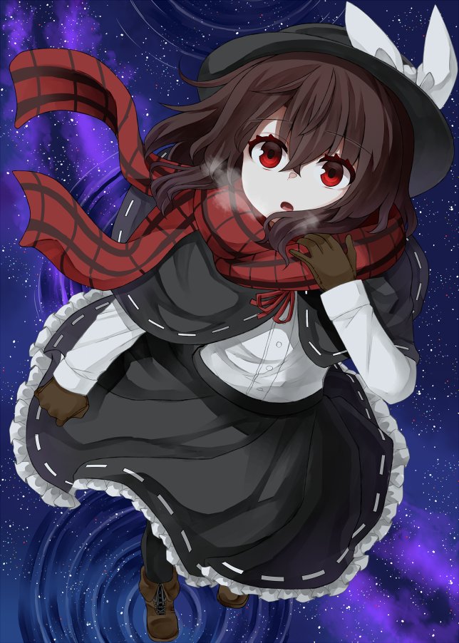 1girl black_capelet black_hat black_skirt bow brown_gloves brown_hair capelet commentary_request from_above galaxy gloves hat hat_bow long_sleeves outdoors red_eyes red_scarf scarf shirt skirt sky solo star_(sky) star_trail starry_sky touhou usami_renko white_bow white_shirt zetsumame