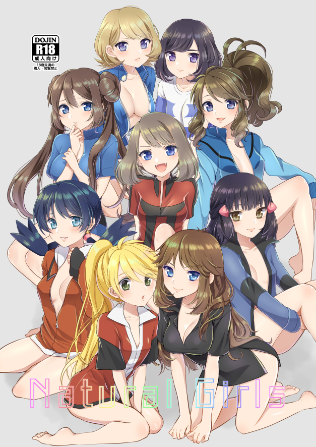 6+girls :d all_fours bad_id bad_pixiv_id barefoot black_dress black_hair blonde_hair blue_eyes blue_oak blue_oak_(cosplay) blue_shirt blush borrowed_clothes bottomless breasts brendan_(pokemon) brown_hair cleavage collarbone cosplay dawn_(pokemon) diamond_(pokemon)_(cosplay) double_bun dress elio_(pokemon) elio_(pokemon)_(cosplay) embarrassed ethan_(pokemon) ethan_(pokemon)_(cosplay) fangs green_(pokemon) grey_background hair_bun hair_ornament head_tilt high_ponytail hilbert_(pokemon) hilbert_(pokemon)_(cosplay) hilda_(pokemon) kris_(pokemon) long_hair looking_at_viewer lucas_(pokemon) may_(pokemon) medium_breasts mokorei multiple_girls nintendo no_pants open_clothes open_mouth open_shirt parted_lips partially_unzipped pokemon pokemon_adventures ponytail purple_eyes red_(pokemon) red_(pokemon)_(cosplay) red_shirt rosa_(pokemon) ruby_(pokemon)_(cosplay) selene_(pokemon) serena_(pokemon) shirt short_dress short_hair short_sleeves simple_background sitting small_breasts smile swept_bangs twintails very_long_hair yellow_(pokemon)