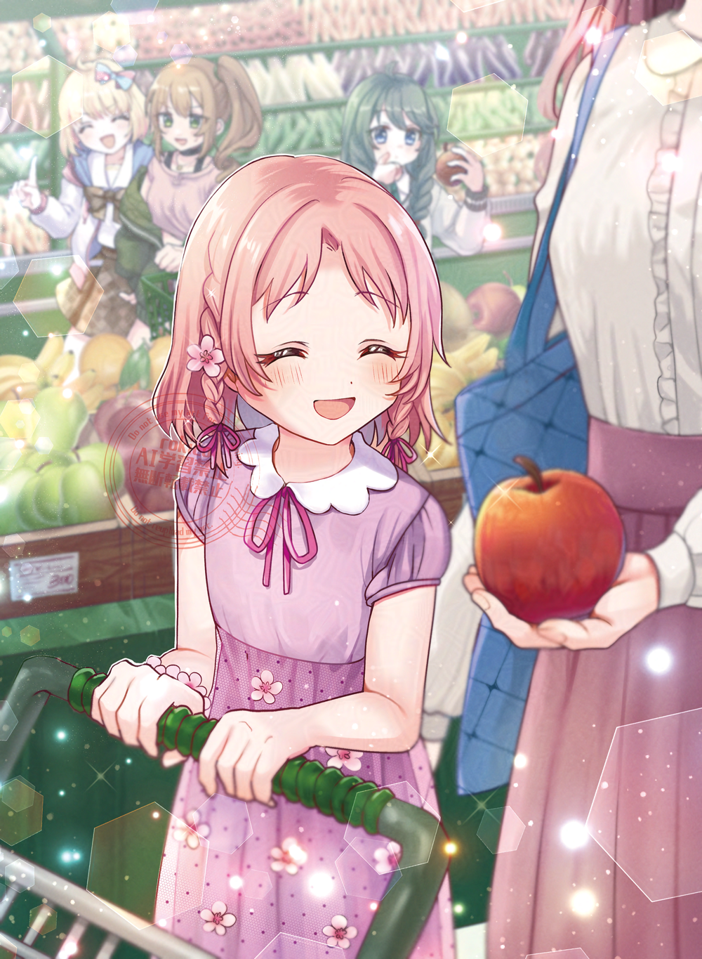 5girls apple blonde_hair braid brown_hair chieru_(princess_connect!) chieru_(real)_(princess_connect!) chloe_(princess_connect!) chloe_(real)_(princess_connect!) closed_eyes collared_dress dot_nose dress floral_print flower flower_print food frilled_shirt frills fruit green_hair grocery_store hair_flower hair_ornament hair_ribbon highres holding holding_food holding_fruit indoors long_hair long_sleeves medium_hair mimi_(princess_connect!) mimi_(real)_(princess_connect!) multiple_girls neck_ribbon open_mouth parted_bangs pink_hair pink_shirt pleated_skirt princess_connect! print_dress purple_dress purple_ribbon purple_skirt ribbon rokico school_uniform shirt shopping_cart short_hair short_sleeves side_ponytail sidelocks skirt smile standing twin_braids white_shirt yuni_(princess_connect!) yuni_(real)_(princess_connect!)
