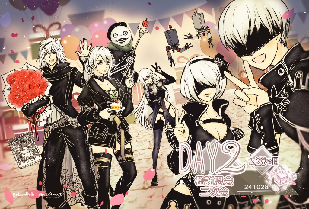 2b_(nier:automata) 3girls 4boys 9s_(nier:automata) a2_(nier:automata) black_blindfold blindfold bouquet breasts cleavage emil_(nier) flower grimoire_weiss holding holding_bouquet in-franchise_crossover kaine_(nier) looking_at_viewer multiple_boys multiple_girls nier nier:automata nier_(brother) nier_(series) nier_reincarnation official_alternate_costume petals pod_(nier:automata) second-party_source short_hair smile thighhighs v white_hair yux3nax2