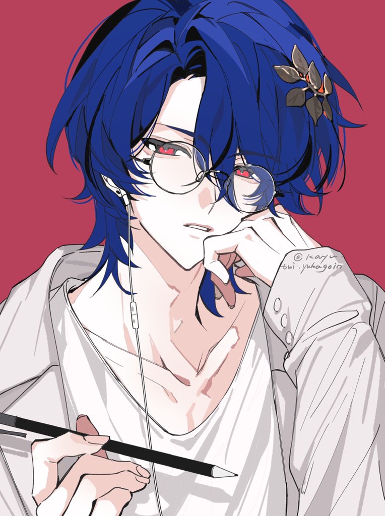 1boy artist_name black-framed_eyewear blue_hair collarbone curtained_hair dr._ratio_(honkai:_star_rail) earbuds earphones glasses grey_jacket hair_between_eyes hair_ornament hands_up hashtag-only_commentary head_rest holding holding_pencil honkai:_star_rail honkai_(series) jacket kayu_(yukagoin) lapels looking_at_viewer male_focus mechanical_pencil open_clothes open_jacket parted_bangs parted_lips pencil red_background red_eyes round_eyewear shirt short_hair simple_background solo twitter_username upper_body white_shirt