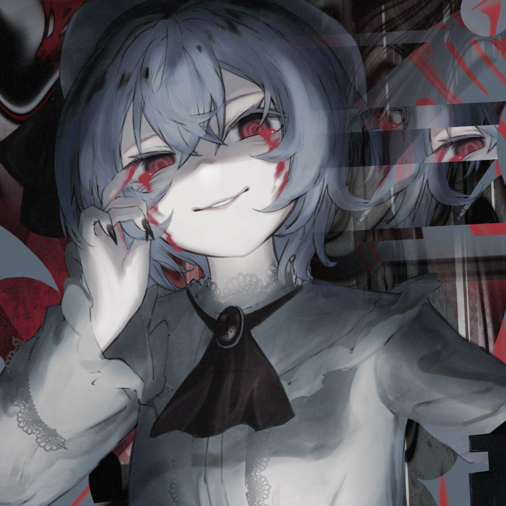 1girl ascot black_ascot black_nails blood bloody_tears evil_grin evil_smile glitch grin hair_between_eyes hair_strand hand_up lace_collar long_sleeves looking_at_viewer nail_polish red_eyes remilia_scarlet shirt short_hair smile solo sutorobo72 touhou white_shirt