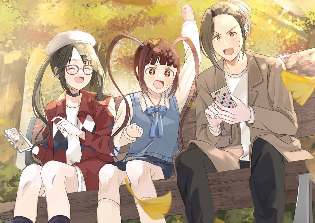 1boy 2girls alternate_costume ankle_socks arm_up asymmetrical_hair bench beret black_choker black_hair black_pants black_socks blue_bow blue_skirt blue_sweater_vest blunt_bangs blush bow bowtie brown_coat brown_eyes brown_hair bush cellphone choker clenched_hands closed_eyes coat collarbone collared_coat collared_jacket collared_shirt commentary_request day dot_nose falling_leaves feet_out_of_frame ginkgo_leaf ginkgo_tree glasses hair_ornament hand_up hands_up hat height_difference high_ponytail holding holding_phone idolmaster idolmaster_million_live! idolmaster_shiny_colors idolmaster_side-m in-franchise_crossover jacket leaf leaf_on_head light_blush long_hair long_sleeves looking_at_another looking_to_the_side matsuda_arisa ming_(mei) miniskirt mitsumine_yuika multiple_girls on_bench open_clothes open_coat open_mouth outdoors pants park_bench phone playing playing_games ponytail red-framed_eyewear red_jacket shirt shorts side-by-side sidelocks sitting skirt smartphone socks sparkling_eyes sweatdrop sweater_vest swept_bangs tongue tree twintails very_long_hair video_game watanabe_minori wavy_mouth white_hat white_shirt white_shorts white_socks wooden_bench x_hair_ornament yellow_leaves