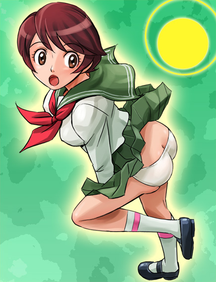 1990s_(style) 1girl ass female_focus haruyama_kazunori mitsume_ga_tooru panties pantyshot retro_artstyle school_uniform serafuku skirt skirt_flip solo underwear upskirt wato_chiyoko white_panties