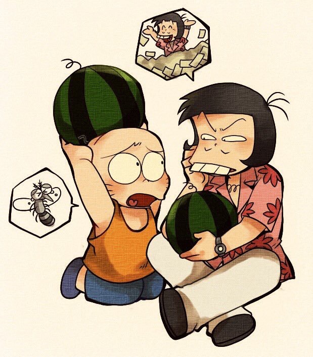 2boys bald black_hair blue_pants buck_teeth bug chest_hair chibita eye_contact facial_hair facial_mark food fruit hawaiian_shirt holding holding_food holding_fruit holding_watermelon insect iyami looking_at_another male_focus mosquito multiple_boys mustache orange_shirt osomatsu-kun osomatsu_(series) panties pants pile_of_money pink_shirt shirt spoken_character teeth tsubuta_hiro underwear watermelon whisker_markings white_panties