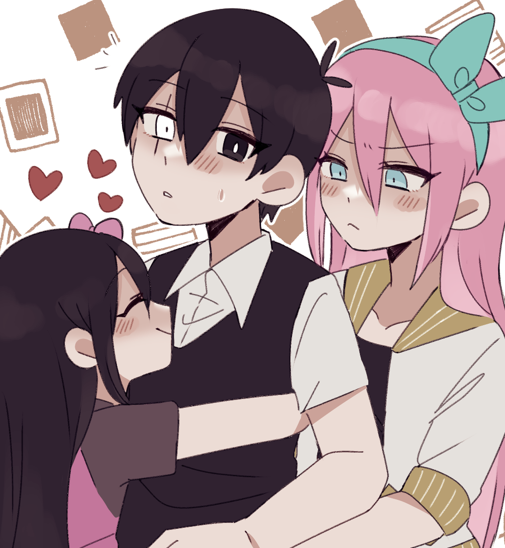 1boy 2girls :&lt; age_comparison andou_(sino_spkt) antenna_hair aqua_eyes aqua_headband aqua_headwear aubrey_(faraway)_(omori) aubrey_(omori) black_eyes black_hair black_shirt black_sweater_vest blush bow bright_pupils closed_eyes closed_mouth collared_shirt dual_persona hair_between_eyes hair_bow headband heart heterochromia hug jacket long_hair looking_at_another looking_at_viewer multiple_girls official_alternate_eye_color omori open_clothes open_jacket parted_lips pink_bow pink_hair sailor_collar scar scar_across_eye scar_on_face shaded_face shirt short_hair short_sleeves smile sunny_(omori) sweatdrop sweater_vest white_eyes white_jacket white_pupils white_shirt yellow_sailor_collar