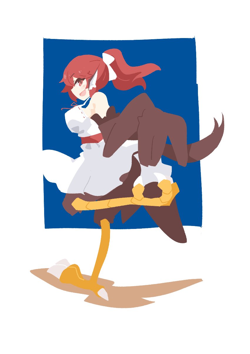 1girl animal_ears bare_shoulders big_o_pants bird_ears bird_legs bird_tail black_feathers black_wings blue_background blush breasts commentary_request dress feather_fingers feathers fio-chan_(big_o_pants) harpy highres large_breasts long_hair looking_at_viewer looking_back monster_girl no_lineart open_mouth original red_eyes red_hair sleeveless sleeveless_dress solo standing standing_on_one_leg tail talons two-tone_background white_background white_dress winged_arms wings