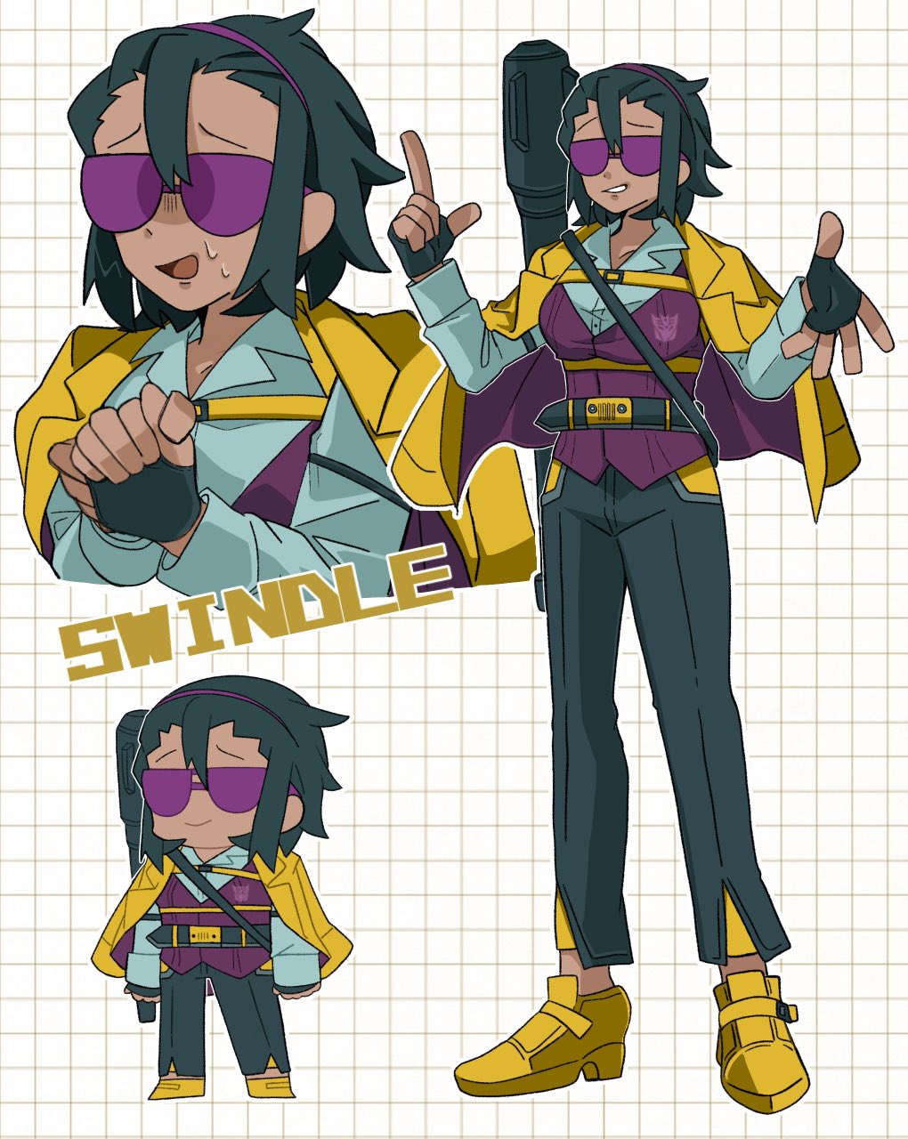 1girl aqua_shirt black_hair black_pants breasts character_name chibi chibi_inset collared_shirt dark_skin decepticon fingerless_gloves genderswap genderswap_(mtf) gloom_(expression) gloves grid_background highres humanization jacket open_mouth osekihan053 own_hands_clasped own_hands_together pants pointing purple-tinted_eyewear purple_vest shirt shoes short_hair shoulder_cannon small_sweatdrop sunglasses swindle_(transformers) tinted_eyewear transformers vest white_background yellow_jacket yellow_shoes