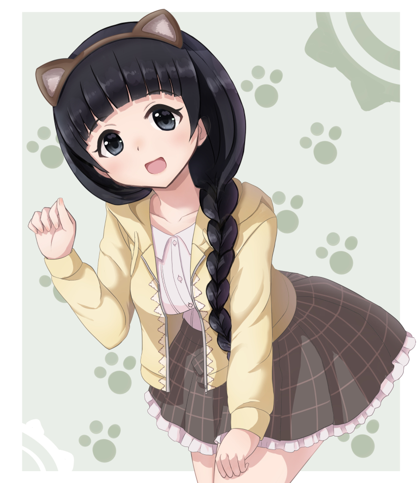 1girl :d animal_ears black_eyes black_hair braid breasts brown_skirt fake_animal_ears idolmaster idolmaster_cinderella_girls jacket leaning_forward long_sleeves looking_at_viewer open_mouth paw_print paw_print_background ryokucha_no_ki shirt skirt small_breasts smile solo ujiie_mutsumi white_shirt yellow_jacket