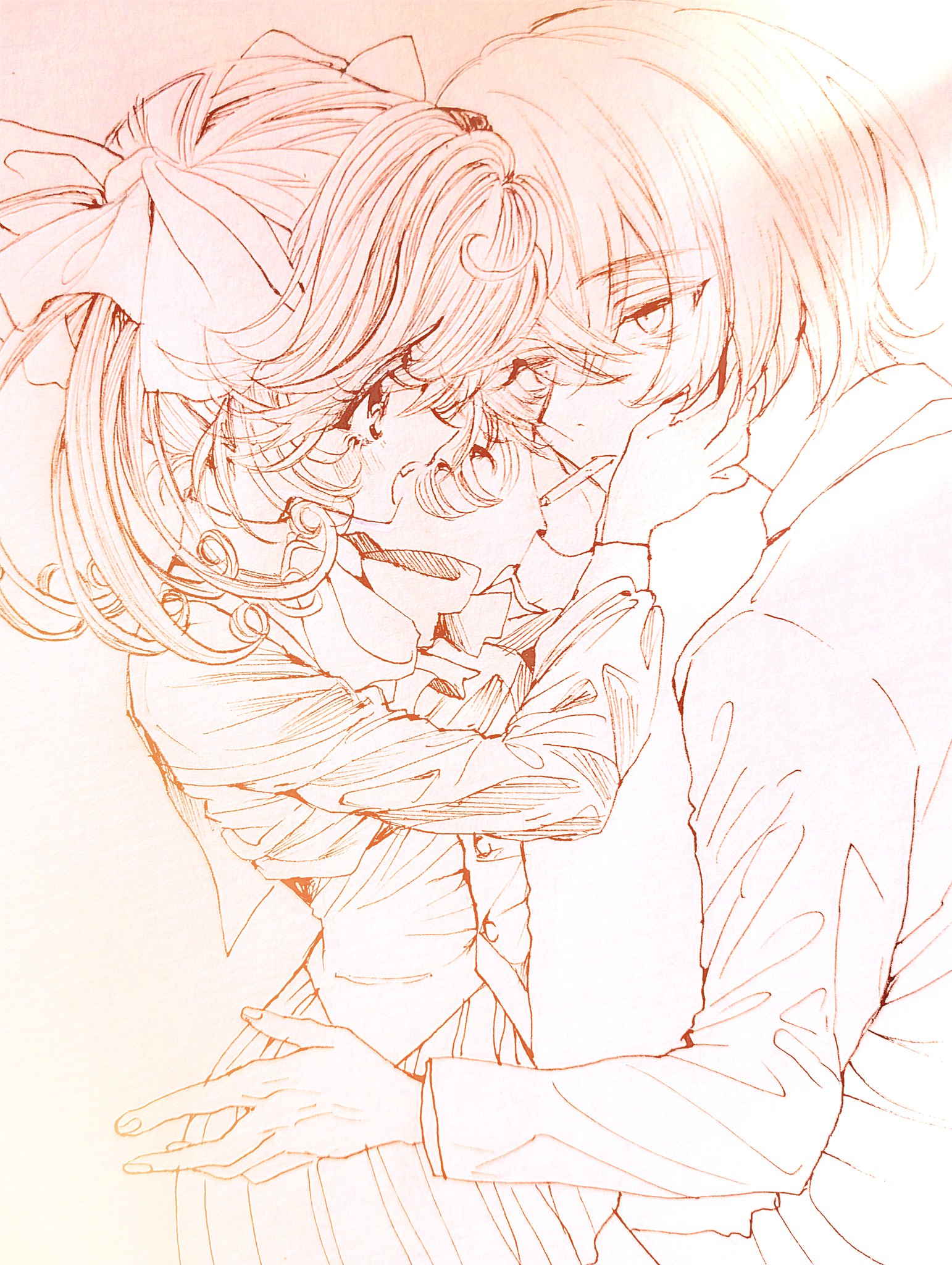 1boy 1girl aya_carmine bow cigarette commentary_request expressionless eye_contact formal_clothes hair_bow hands_on_another's_face highres hitomi_hirosuke_(sayonara_wo_oshiete) looking_at_another millipen_(medium) monochrome nib_pen_(medium) open_mouth pen_(medium) sayonara_wo_oshiete school_uniform skirt suit tamachi_mahiru traditional_media twintails vest