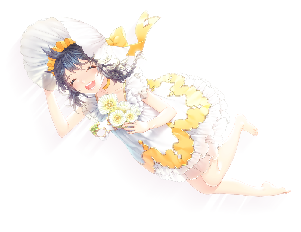 1girl :d ^_^ barefoot black_hair braid closed_eyes collarbone dress female_focus flower full_body hair_ribbon hat legs open_mouth original ribbon saban simple_background smile solo white_background