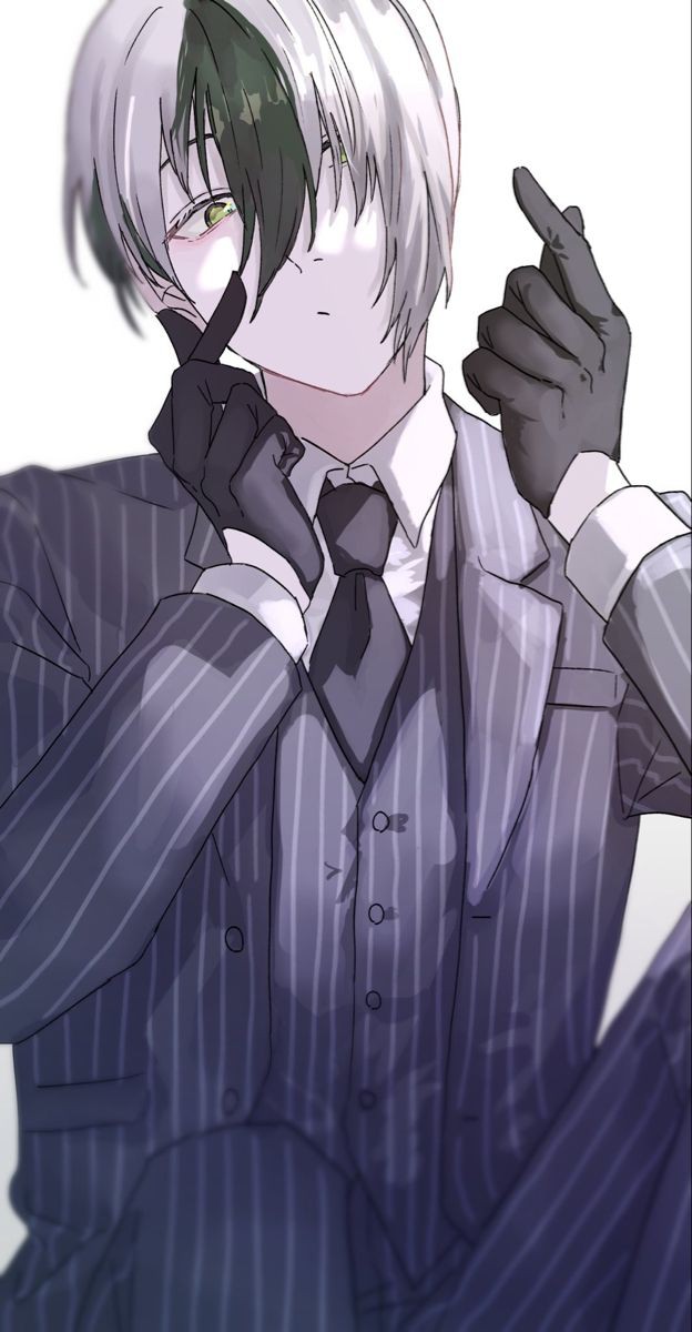 arm_up black_gloves black_suit blue_lock character_name closed_mouth formal_clothes gloves green_eyes green_hair highres long_hair long_hair multicolored_hair otoya_eita rxdry simple_background sitting suit tagme two-tone_hair white_background white_hair