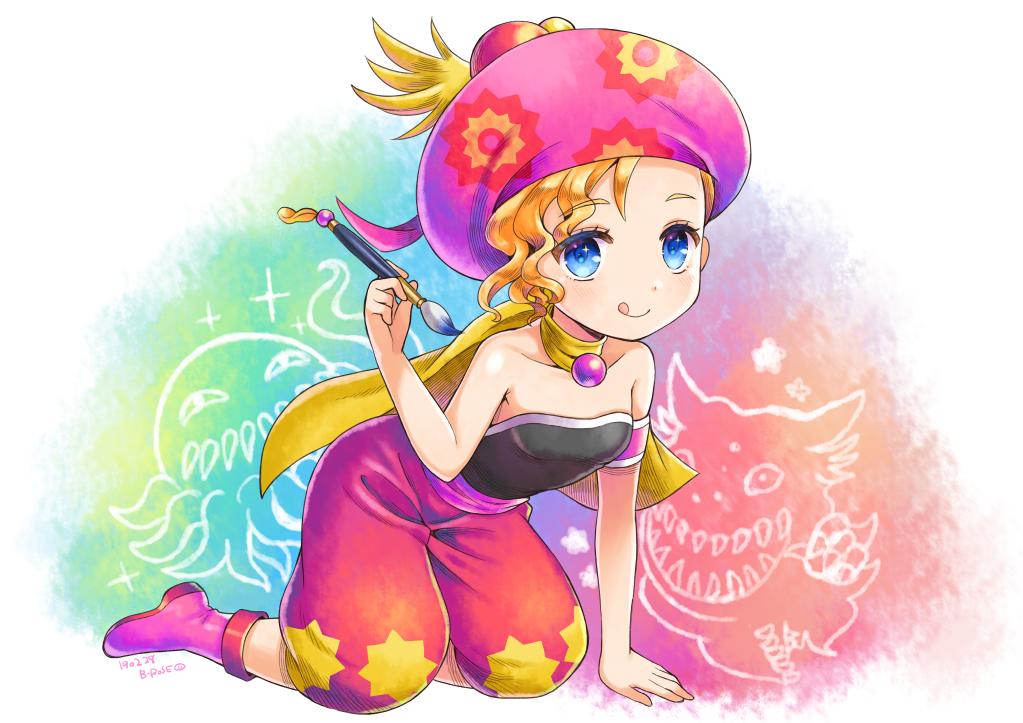 1girl art_brush bare_shoulders blonde_hair blue_eyes butabara choker closed_mouth dated final_fantasy final_fantasy_vi full_body hat looking_at_viewer paintbrush relm_arrowny smile solo strapless ultros