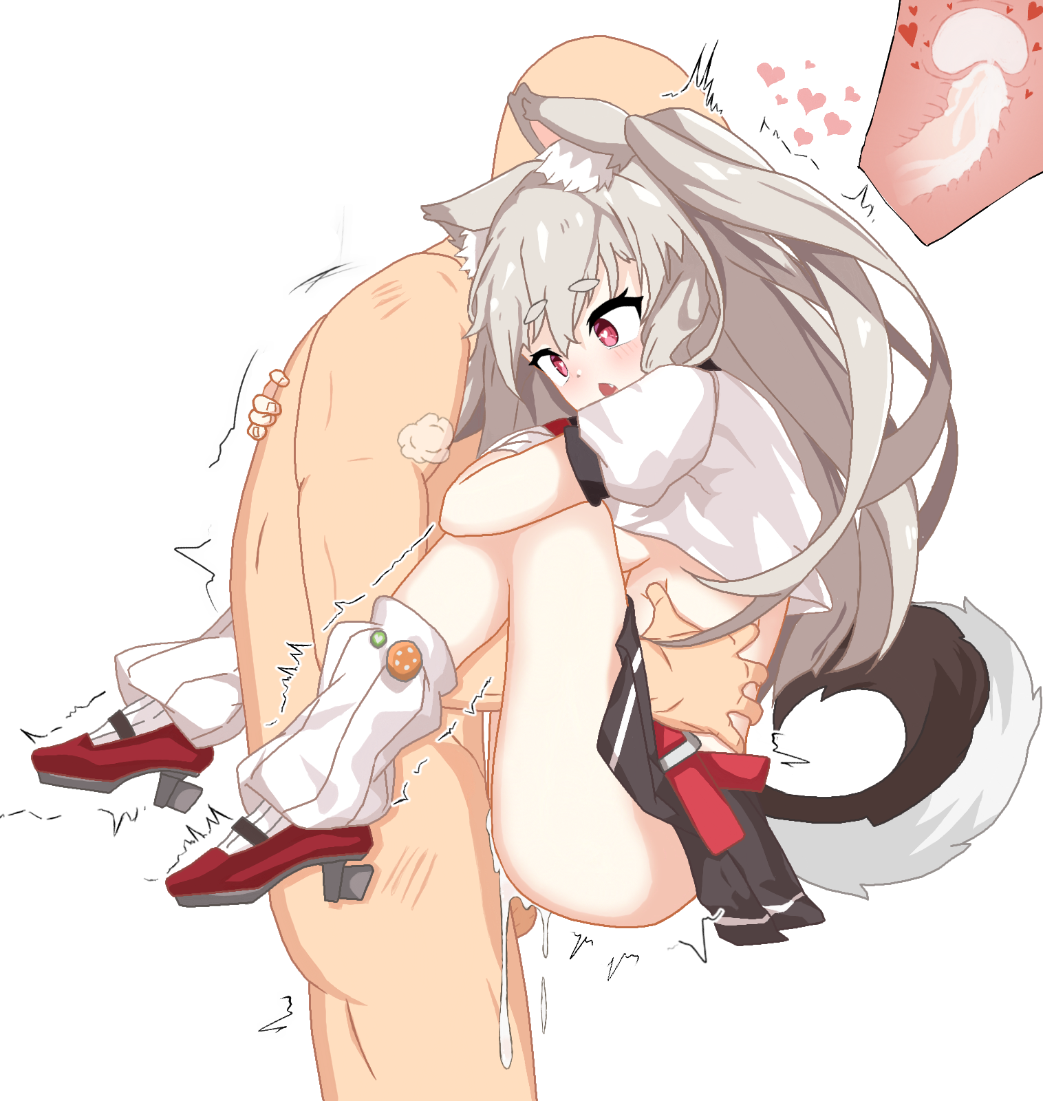 1boy 1girl animal_ears azur_lane black_skirt crop_top cross-section cum cumdrip deep_penetration dog_ears dog_girl dog_tail ejaculation grabbing_another's_stomach grey_hair heart heart-shaped_pupils highres internal_cumshot loose_socks miniskirt red_footwear sbeve2004 sex shirt skirt socks standing standing_sex symbol-shaped_pupils tail vaginal white_shirt wide-eyed x-ray yuudachi_(azur_lane)
